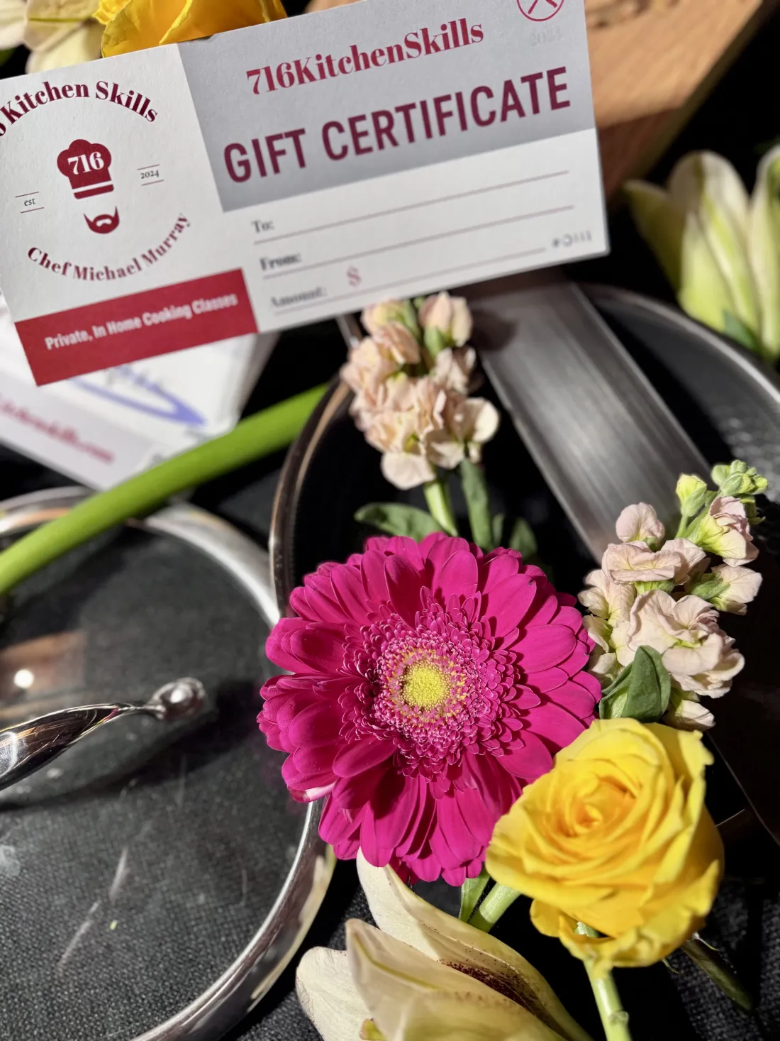A 716 Kitchen Skills gift certificate with fresh flowers