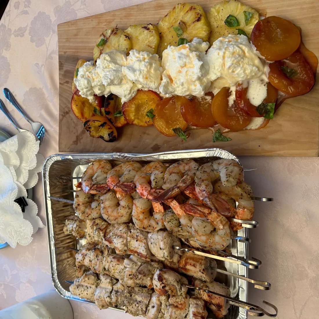 Greek Skewers &mdash; Marinated chicken & shrimp, tzatziki, Greek dressing